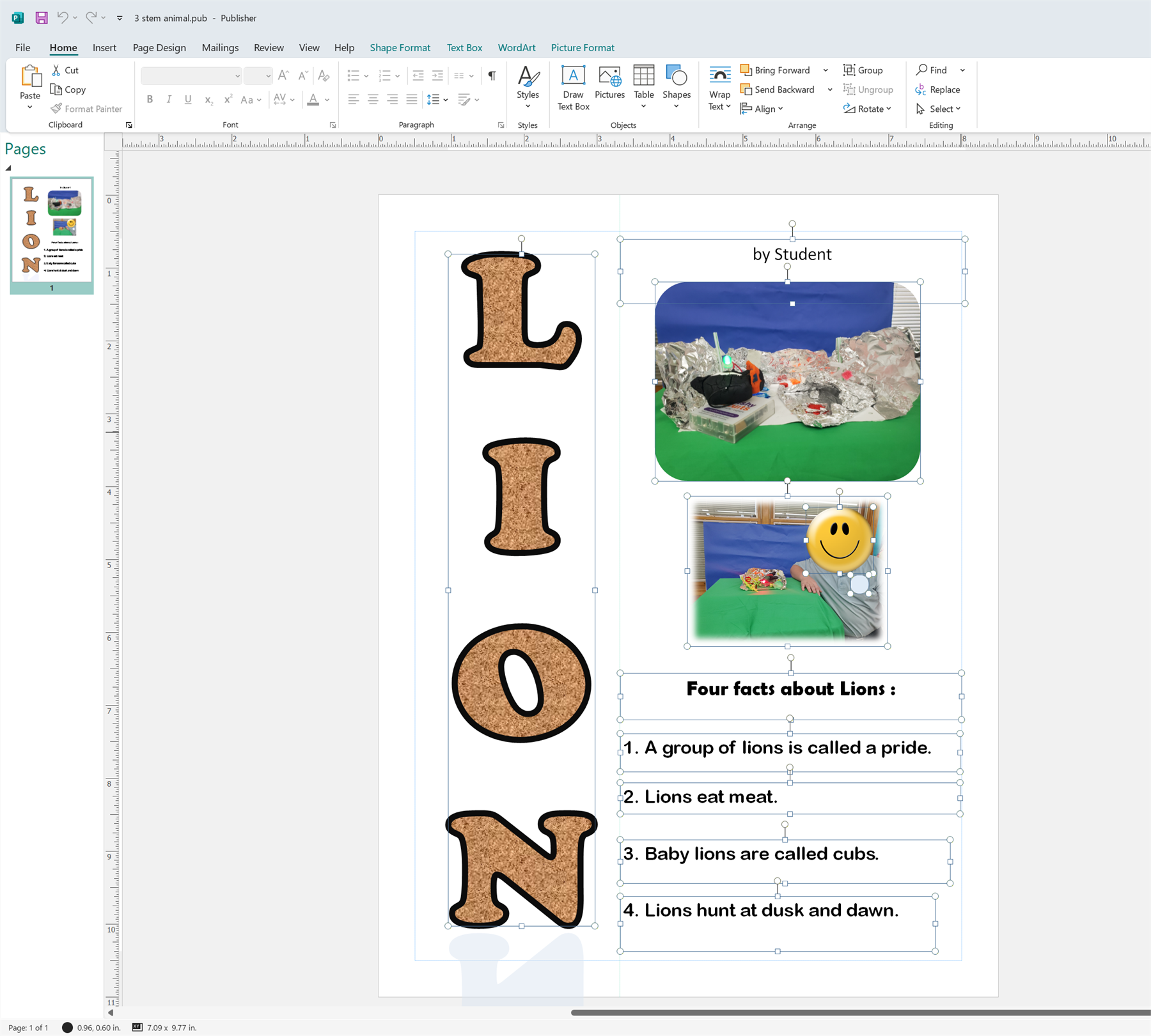 Student animal research project created in Publisher